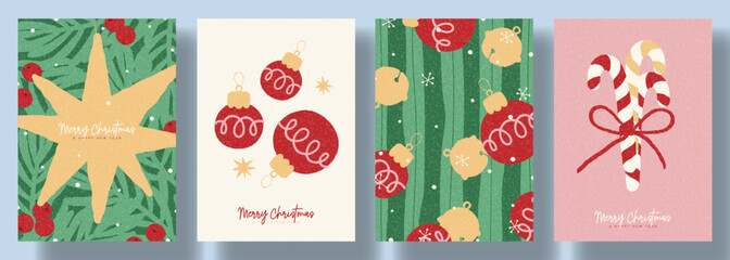 Naklejka premium Minimalistic Christmas and New Year poster set. Hand-drawn style flyer collection for design of covers, branding, holiday events, packaging. Vector illustration with stars, Christmas ball, candy canes