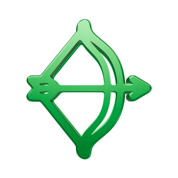 Isolated green glossy threedimensional bow and arrow icon for archery sports and hunting theme transparent background