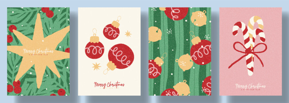 Minimalistic Christmas and New Year poster set. Hand-drawn style flyer collection for design of covers, branding, holiday events, packaging. Vector illustration with stars, Christmas ball, candy canes