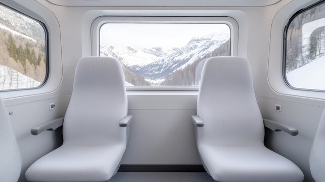 Two empty train seats face a window with a stunning view of snowy mountains and pine forests.