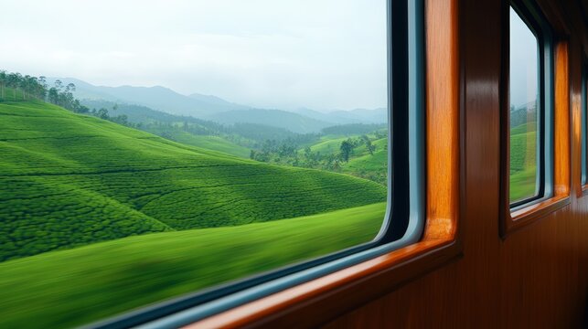 A scenic view of green rolling hills and mountains seen from a wooden train window in motion.