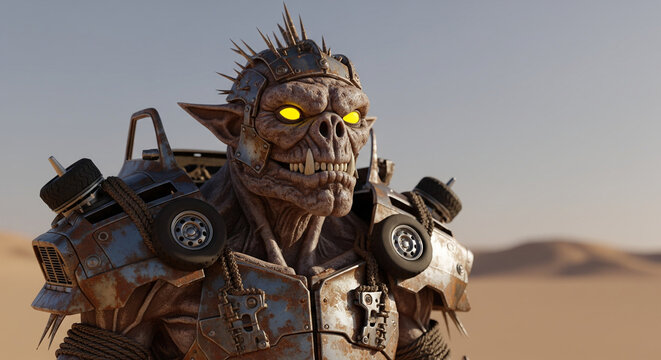 Post-Apocalyptic Orc Warrior in Desert Wasteland.