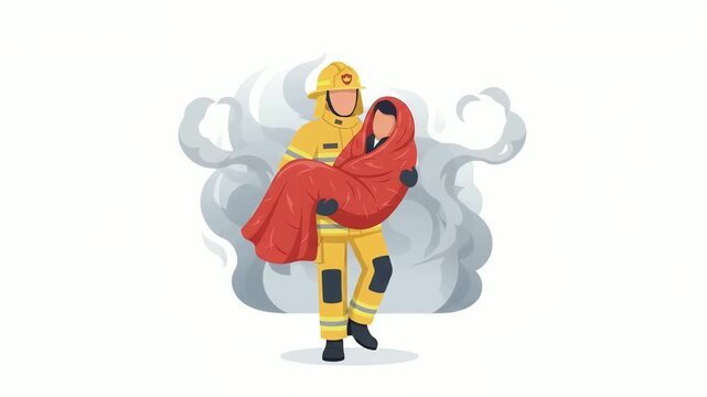 Firefighter heroically carries an unconscious person wrapped in a red blanket through dense smoke, symbolizing emergency rescue efforts and the bravery of first responders.