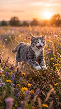 A dynamic vertical action shot of a cute grey and white tabby cat joyfully running and leaping through a wildflower meadow with lavender and yellow blossoms, illuminated by the warm golden glow of a s