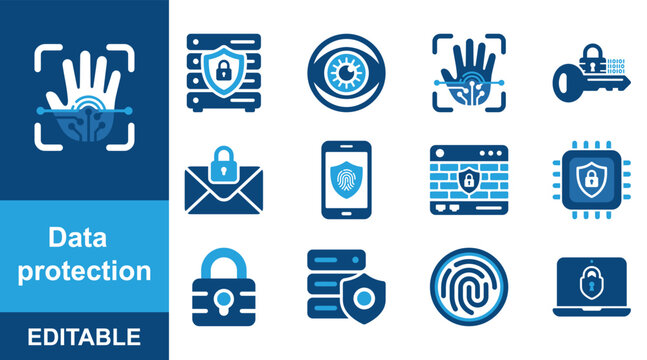 Biometric Security and Data Protection Cybersecurity Two Color Vector Icon Set