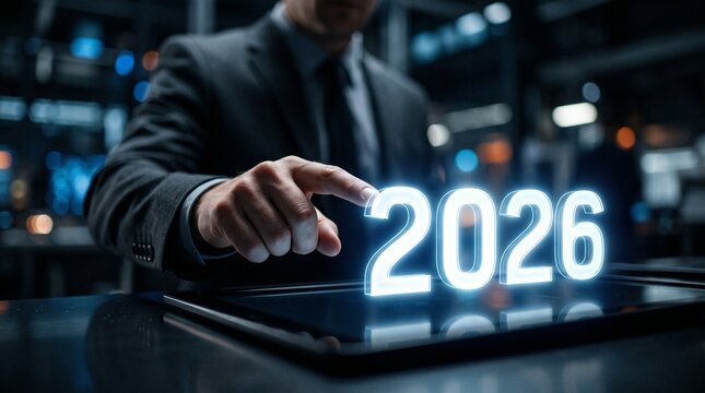 A professional businessman is seen engaging with a glowing digital screen displaying the year two thousand twenty six symbolizing innovative future technology and strategic business