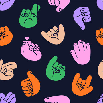 Repeatable pattern of colourful hand gestures of hello, hearts, OK, aloha, crossed and pointing fingers. Endless background of palms showing different signs. Flat seamless vector illustration