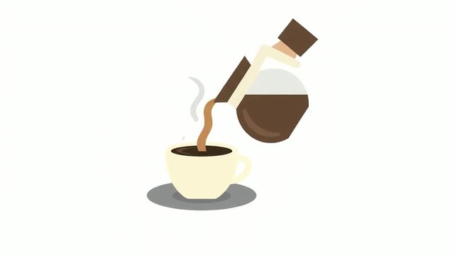 Freshly brewed hot coffee is being carefully poured from a transparent glass carafe with a brown handle into a small white ceramic cup, emitting steam and preparing a warm, inviting beverage for.