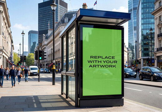 Vertical billboard mockup with placeholder screen displayed on a city street bus shelter, realistic urban advertising display featuring pedestrians, traffic, and modern buildings