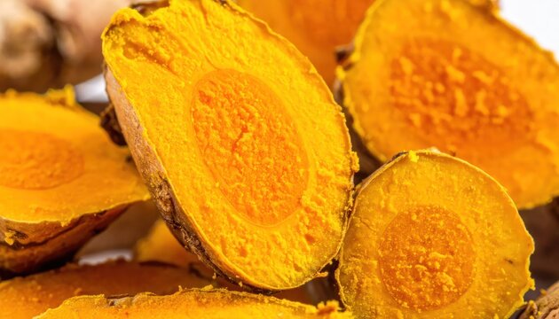 Fresh sliced turmeric roots showing orange interior.