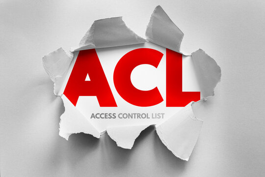 ACL Access Control List text shown through torn paper background, technology security concept representing access rules, permissions management, system protection and administrative control