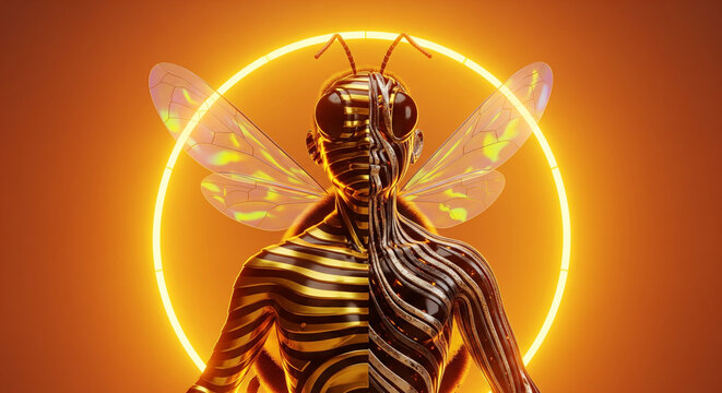 Abstract golden bee human hybrid with glowing neon circle.