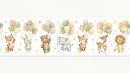 Fototapeta premium Cute Watercolor Baby Animals Floating with Balloons Seamless Border for Nursery Wall Art and Kids Decor