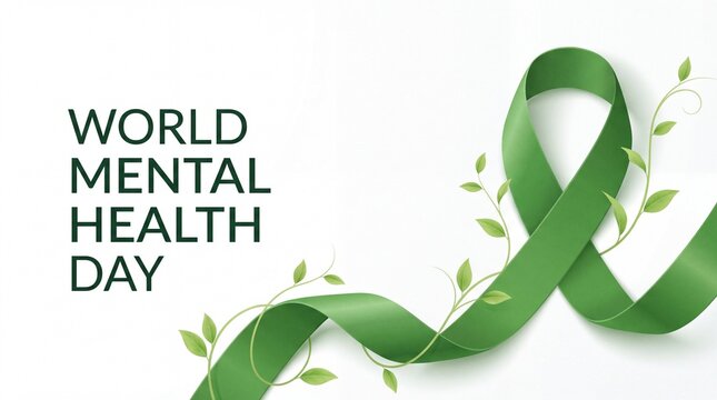 World mental health day concept with a green awareness ribbon and fresh leaves on white background