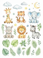 Naklejka premium Watercolor Baby Safari Animals Set with Cute Lion Tiger Elephant Giraffe Rhino Zebra and Tropical Leaves for Nursery