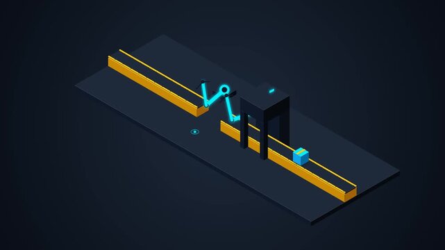 Seamless 6-second looping isometric animation of a futuristic smart factory featuring dual diagonally facing robotic arms transferring a cyan box over yellow conveyor belts