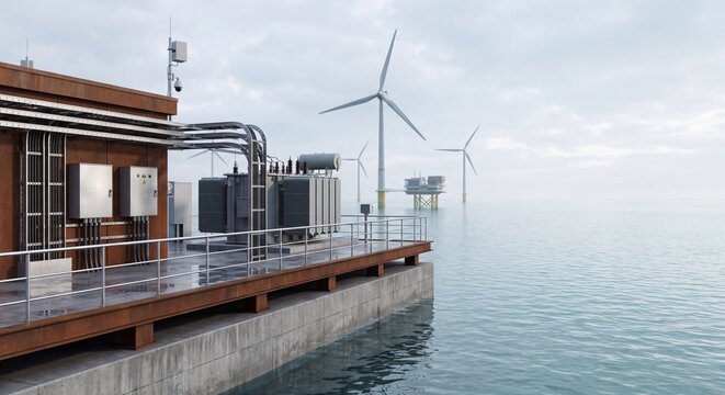Offshore wind farm substation on concrete platform with turbines in foggy sea, renewable energy infrastructure, clean power generation