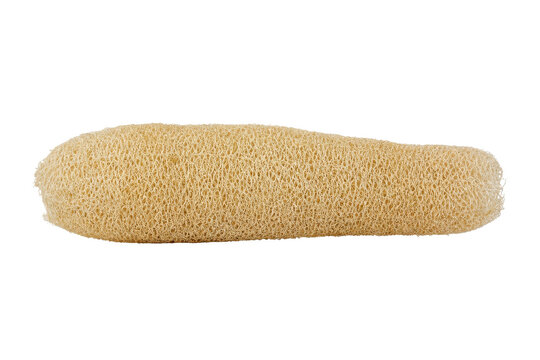 Natural beige loofah sponge, a textured bath accessory, is isolated on a clean white background, perfect for spa and wellness themes