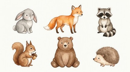 Fototapeta premium Cute Watercolor Forest Animals Set with Rabbit Fox Raccoon Squirrel Bear and Hedgehog for Nursery Decor and Kids Design