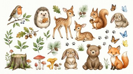 Fototapeta premium Cute Watercolor Forest Animals and Woodland Elements Collection with Deer, Fox, Bear, Rabbit, and Hedgehog for Nursery Decor