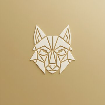 Minimalist low poly wolf head crest on neutral golden background
