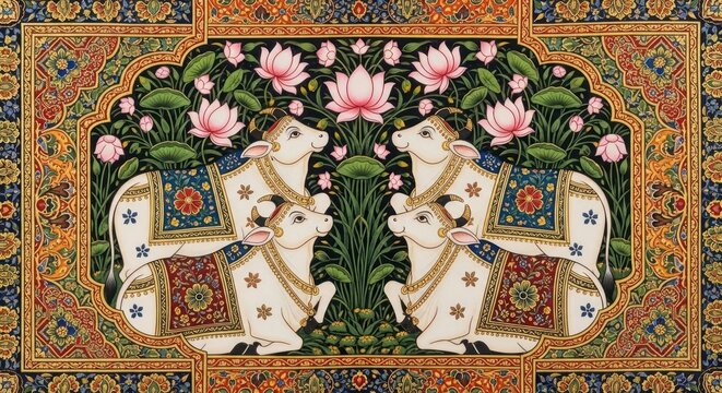 Intricate Indian Miniature Painting of Four Sacred Cows Adorned with Ornate Decorations.
