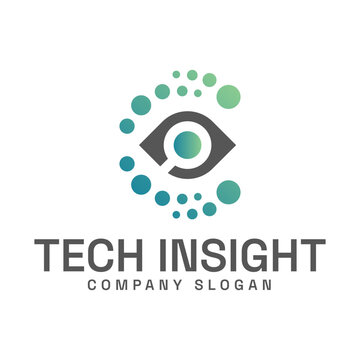 Technology insight logo with eye and magnifier symbol, representing vision, analysis, detection, security, research, digital technology, data, monitoring, and innovative business.