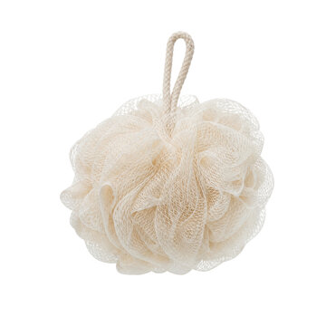 Single beige shower loofah with a rope handle, captured with soft studio lighting against a clean white background
