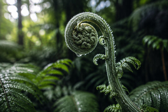 Silver fern frond unfurling with dewdrops in a rainforest.