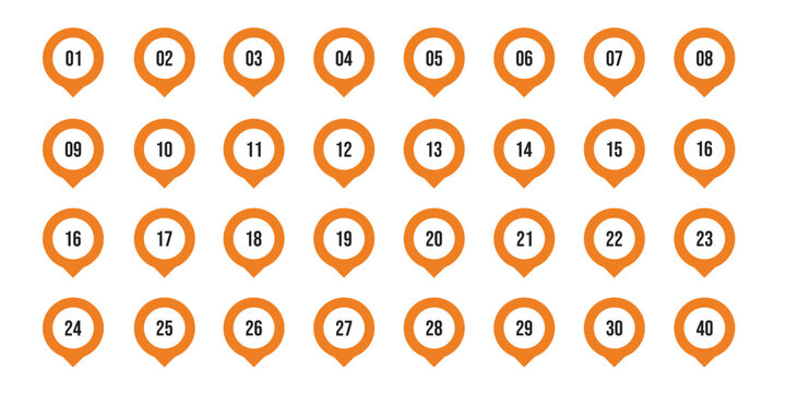 Location pin icons with number 1 to 40, Map marker bullet point collection, Distance navigation pointer flat vector elements sets