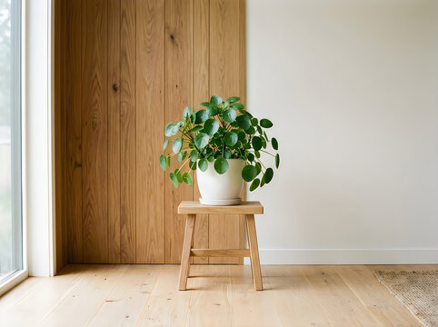 Green pilea plant in a white pot on a small wooden stool