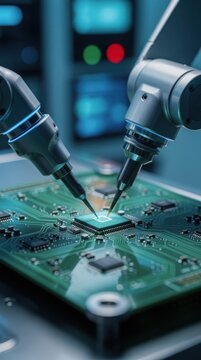 Robotic arms soldering and assembling an intricate microchip on a circuit board in a high-tech laboratory setting.