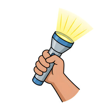 Hand holding a bright flashlight with yellow light beam