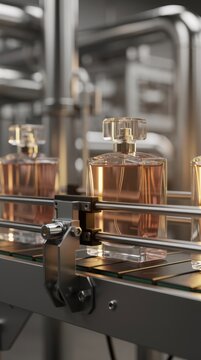 Bottles of amber-colored perfume on a conveyor belt in a modern manufacturing facility.