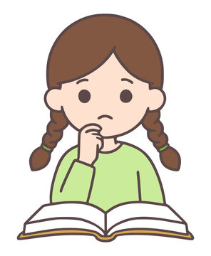 Cute cartoon illustration of a young girl with pigtails deep in thought while reading a book
