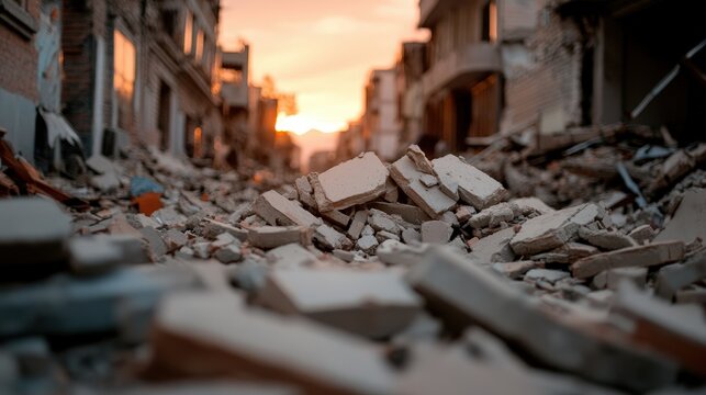 Rubble and debris from collapsed buildings line a deserted street at sunset, highlighting the aftermath of destruction.