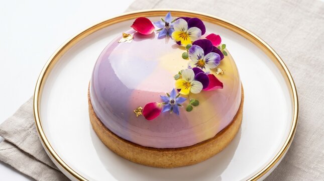 Gourmet mousse cake with edible flowers and gold leaf on a white plate
