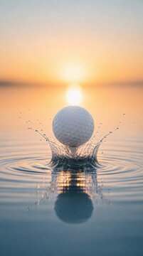 A golf ball splashes into calm water at sunset, capturing ripples and reflections with a serene, golden sky backdrop.