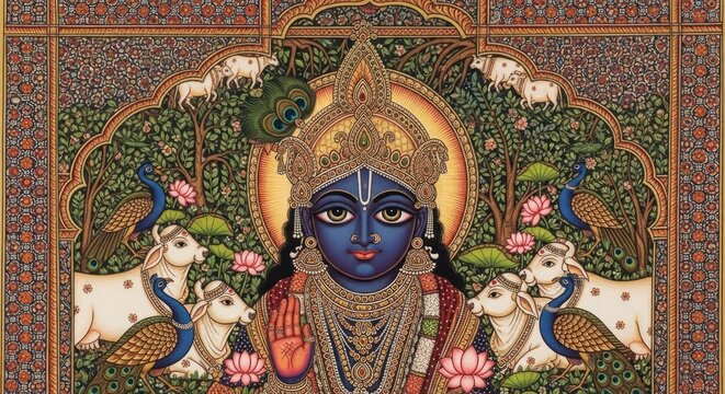 Intricate Indian Miniature Painting of Lord Krishna with Cows and Peacocks.
