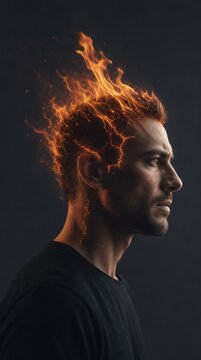 A man in profile with hair and head engulfed in vivid, fiery flames, symbolizing intense energy or passion against a dark background.