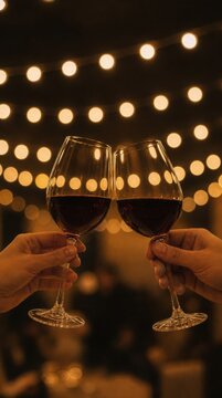Two hands clinking wine glasses filled with red wine under warm string lights at a cozy evening gathering.