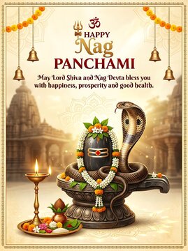 Happy nag panchami celebration with lord shiva and snake deity blessing illustration