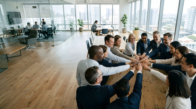 Business professionals collaborating and discussing in a modern office setting