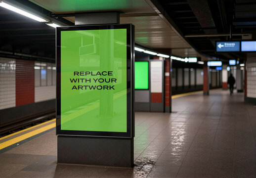 Vertical poster mockup displayed on a subway station platform, realistic advertising display with screen placeholder, urban transportation environment, indoor lighting, tiled floor