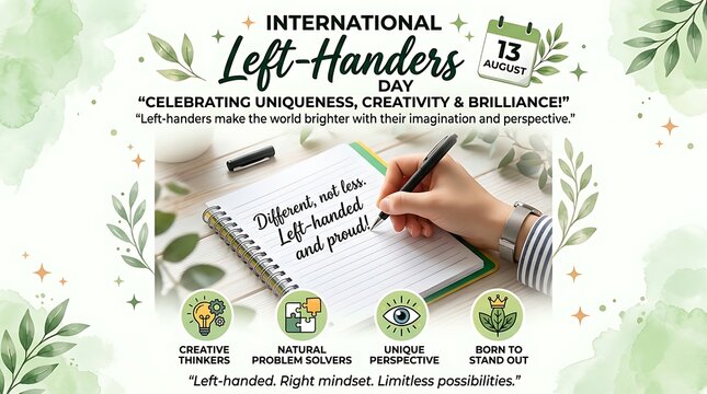 Left-handed person writing with creative tools on international left-handers day