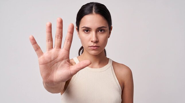 Serious woman with dark hair making stop gesture with raised palm