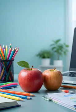 Education and back to school concept, fresh apples with colorful pencils and laptop on a desk for student learning and academic success in classroom