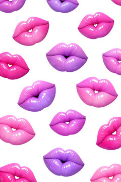 3D glossy pink and purple lips pattern on black background pop art style generative AI