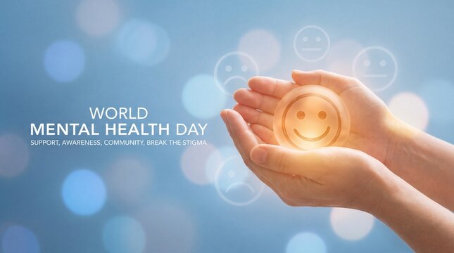 World mental health day support awareness community break stigma with smiling face.