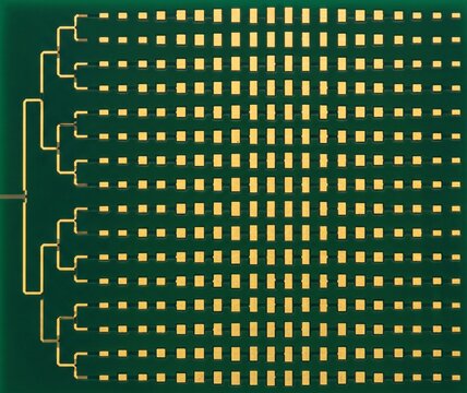 Macro of a bare automotive radar planar antenna array. Solid dark green PCB patch with gold-plated copper radiating elements for self-driving navigation, isolated on white.